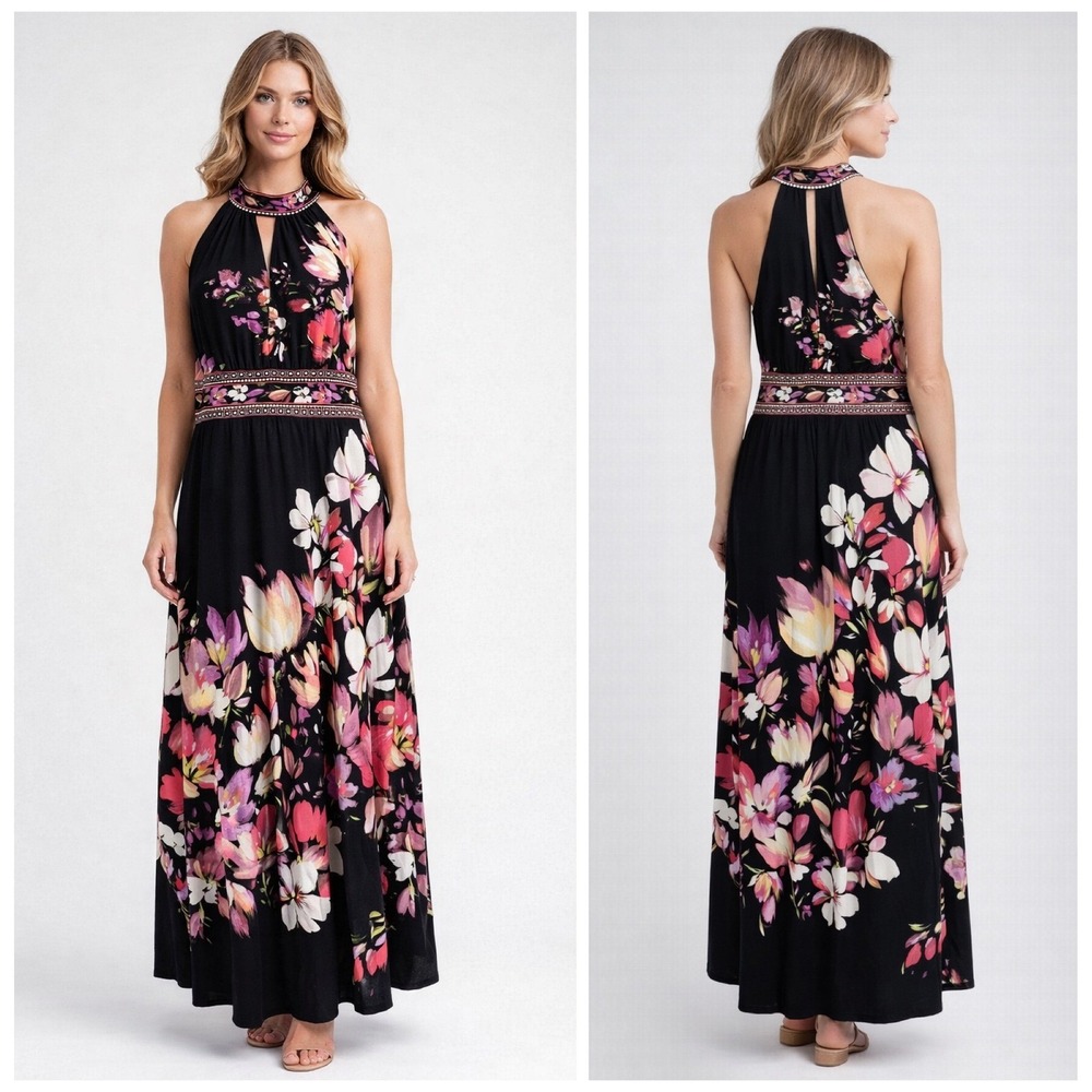 Wisp Floral Halter Maxi Dress Black Pink Purple Size‎ 6 Butterfly Whimsigoth